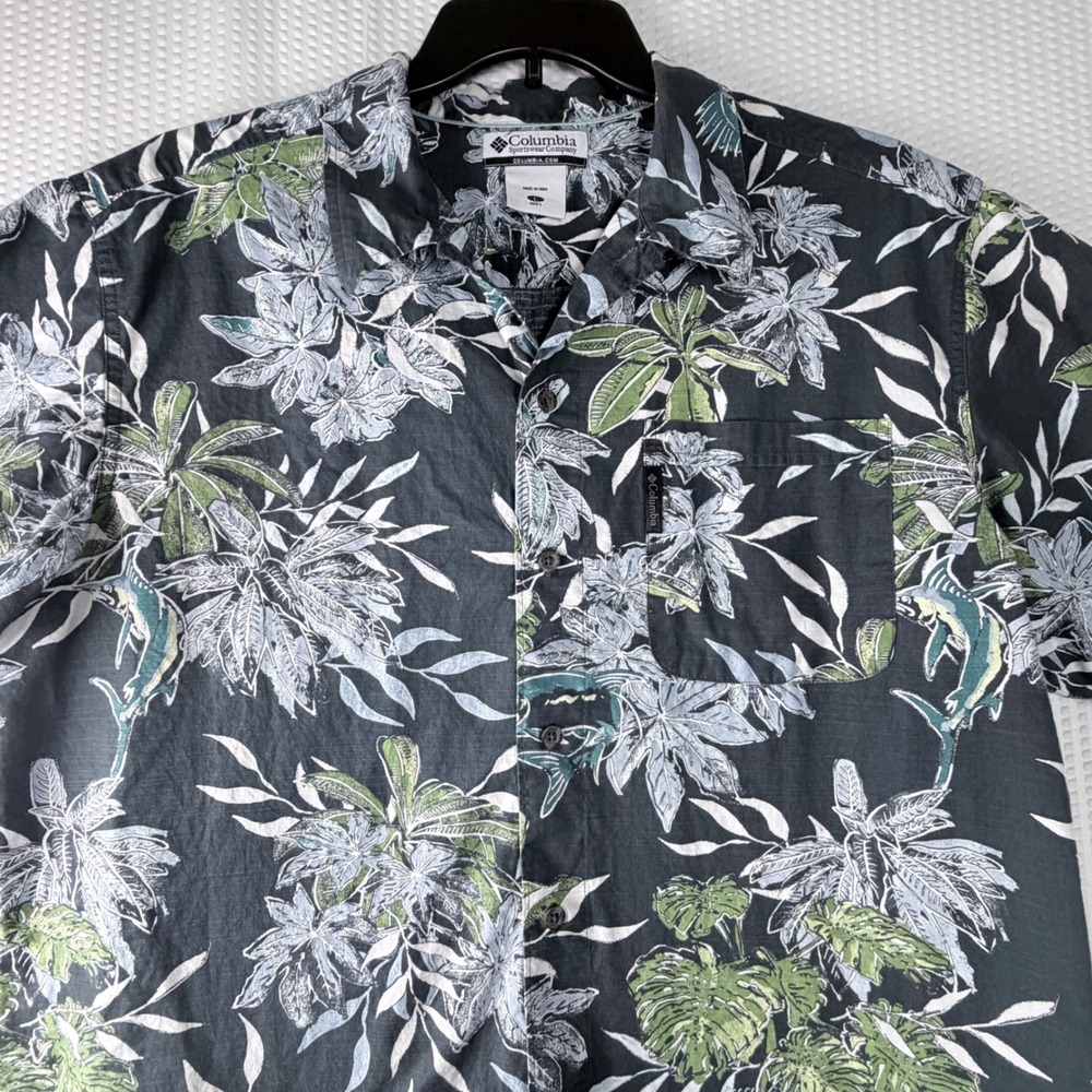 Columbia Men L Blue‎ Gray Short Sleeve Button Up Shirt Tropical Fish Floral - Picture 11 of 11